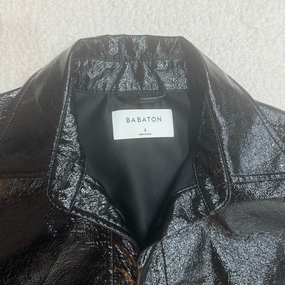 Aritzia Babaton Oversized Pelli Black Faux Shiny Leather Shirt Jacket Size Small - Picture 3 of 9